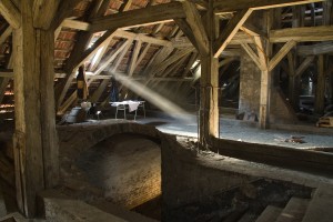 beam of light shines on the old ground, the old attic
